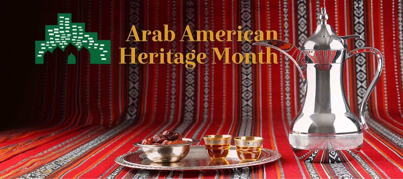 An Arabic style blanket with a silver teapot and tray of dates and tea cups. Arab American Heritage Month, April 2024.