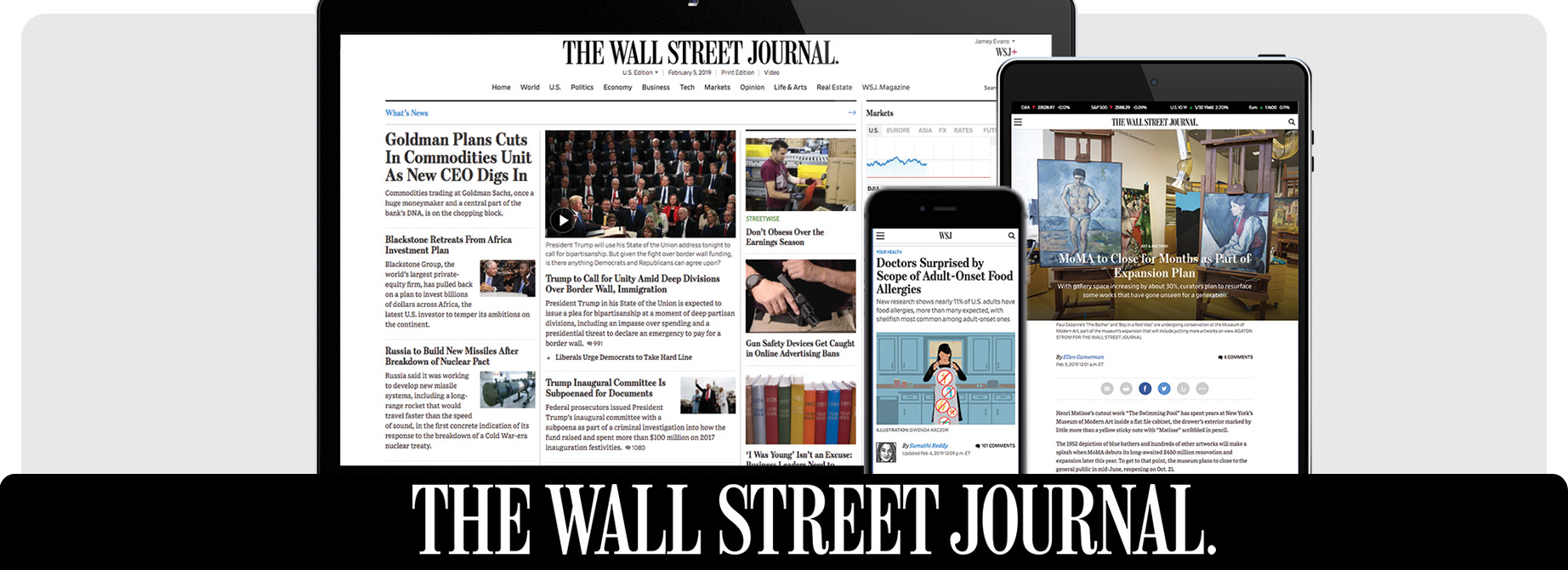 Digital covers of the Wall Street Journal newspaper displayed on different digital devices.