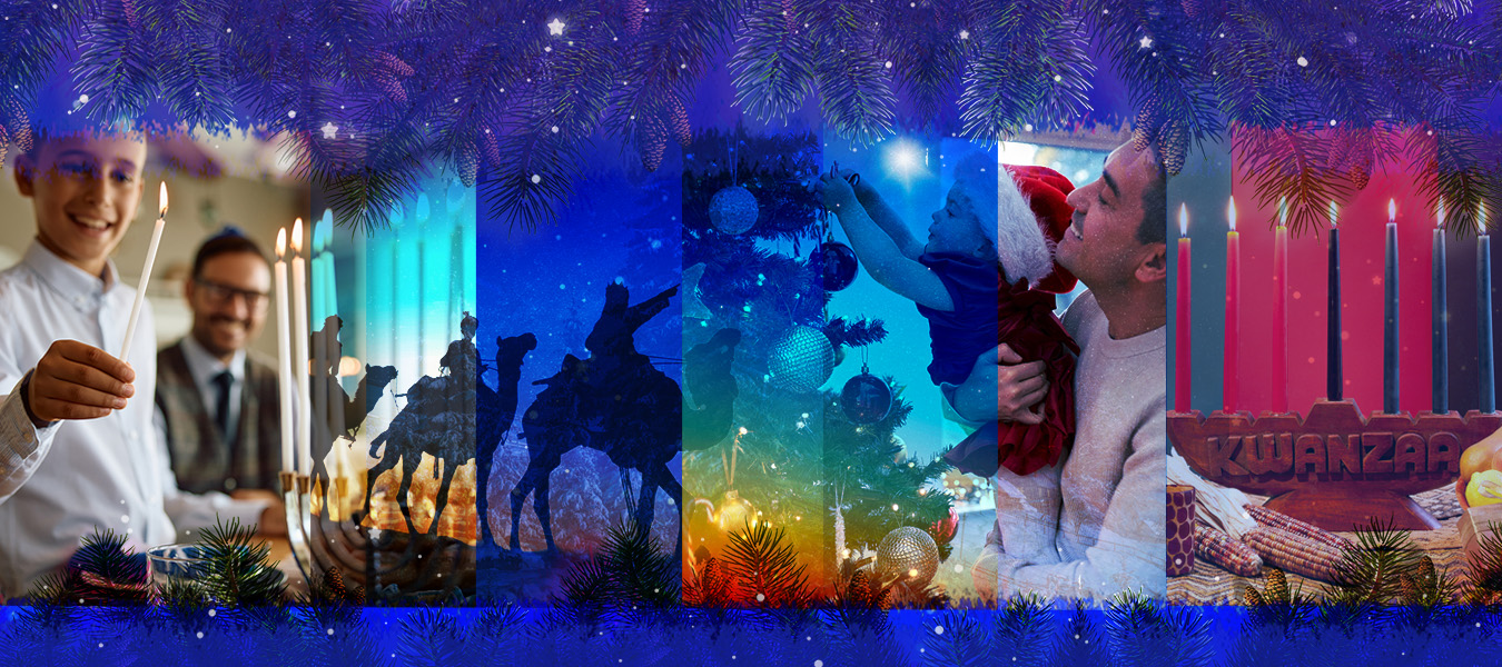 Winter Celebrations banner with a collection of ornaments representing an array of winter holidays