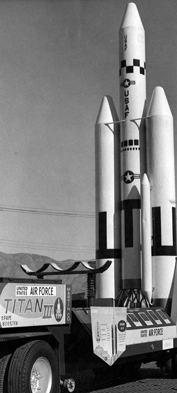Model of deep space probe rocket on display at Fourth of July celebration in Burbank.