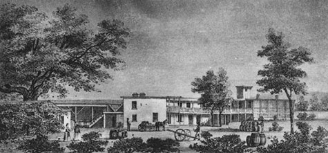 Photo of a drawing of Vignes’ wine establishment in 1831.