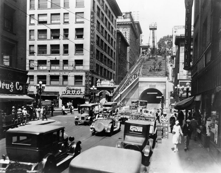 Angels Flight and traffic on 3rd St., circa 1937