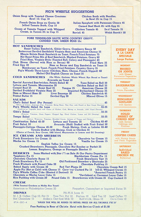 pig and whistle menu inside