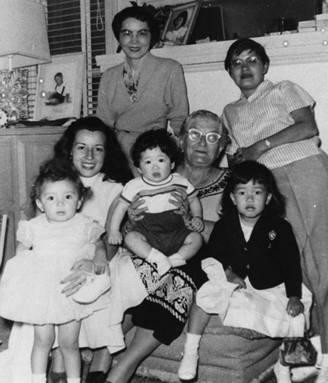 Chinese American women with children and their grandmother, Alice Lee (center) on Mother's Day, 1957