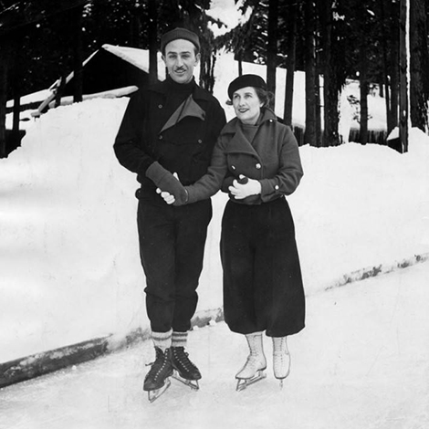 Walt Disney and wife on ice skates