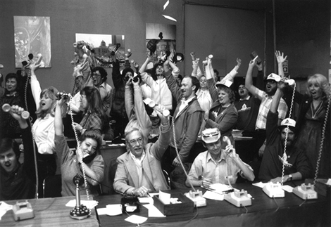 Jubilant participants are pictured during the 1987 Save the Books telethon.