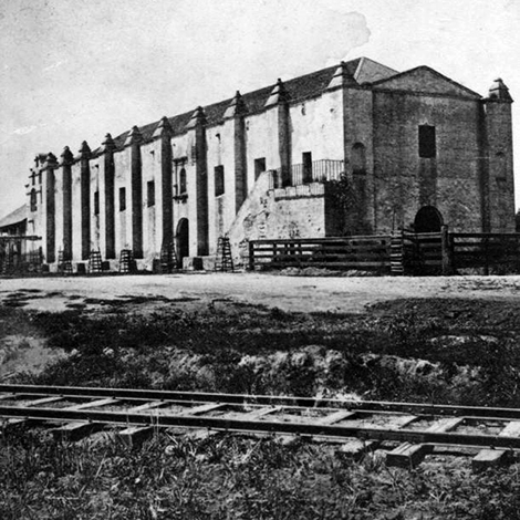 Looking Northwest at Mission San Gabriel’s southern exterior, ca. 1878