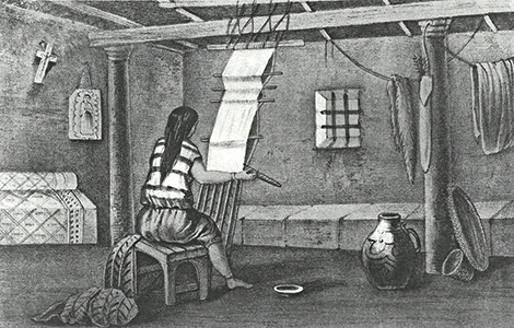 Xantus’ sketch depicting an ‘Indian weaving room’ at the San Fernando Mission (1858).