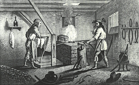 Xantus drawing depicting Native American blacksmiths applying their trade at the San Fernando Mission