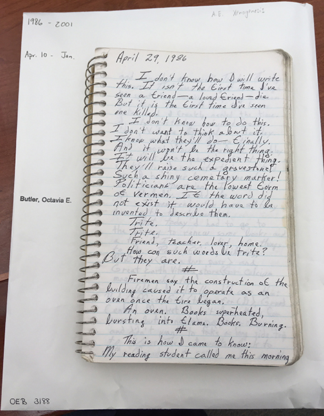 Butler’s journal entry about the Library Fire