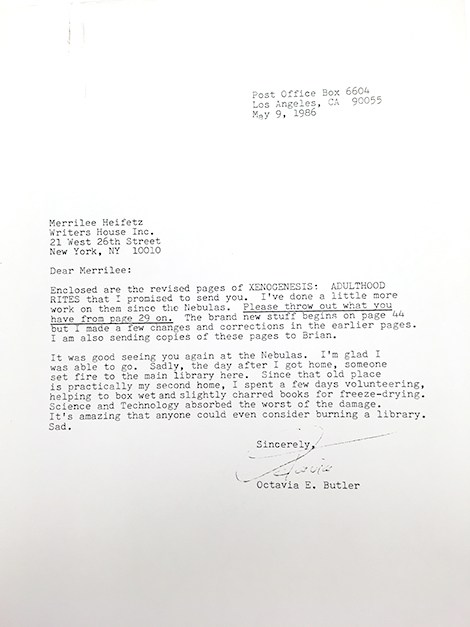 Butler’s letter to her literary agent about the Library Fire.