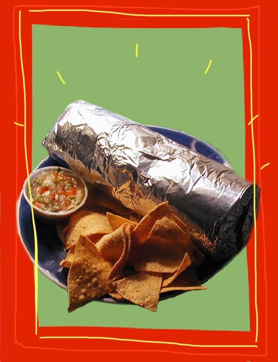 a burrito with chips and salsa