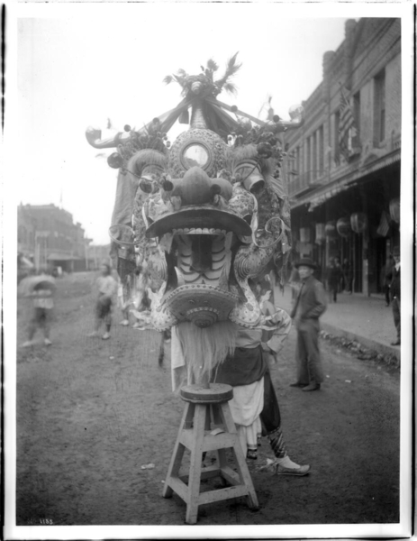Chinese dragon head close-up, Los Angeles, ca.1900