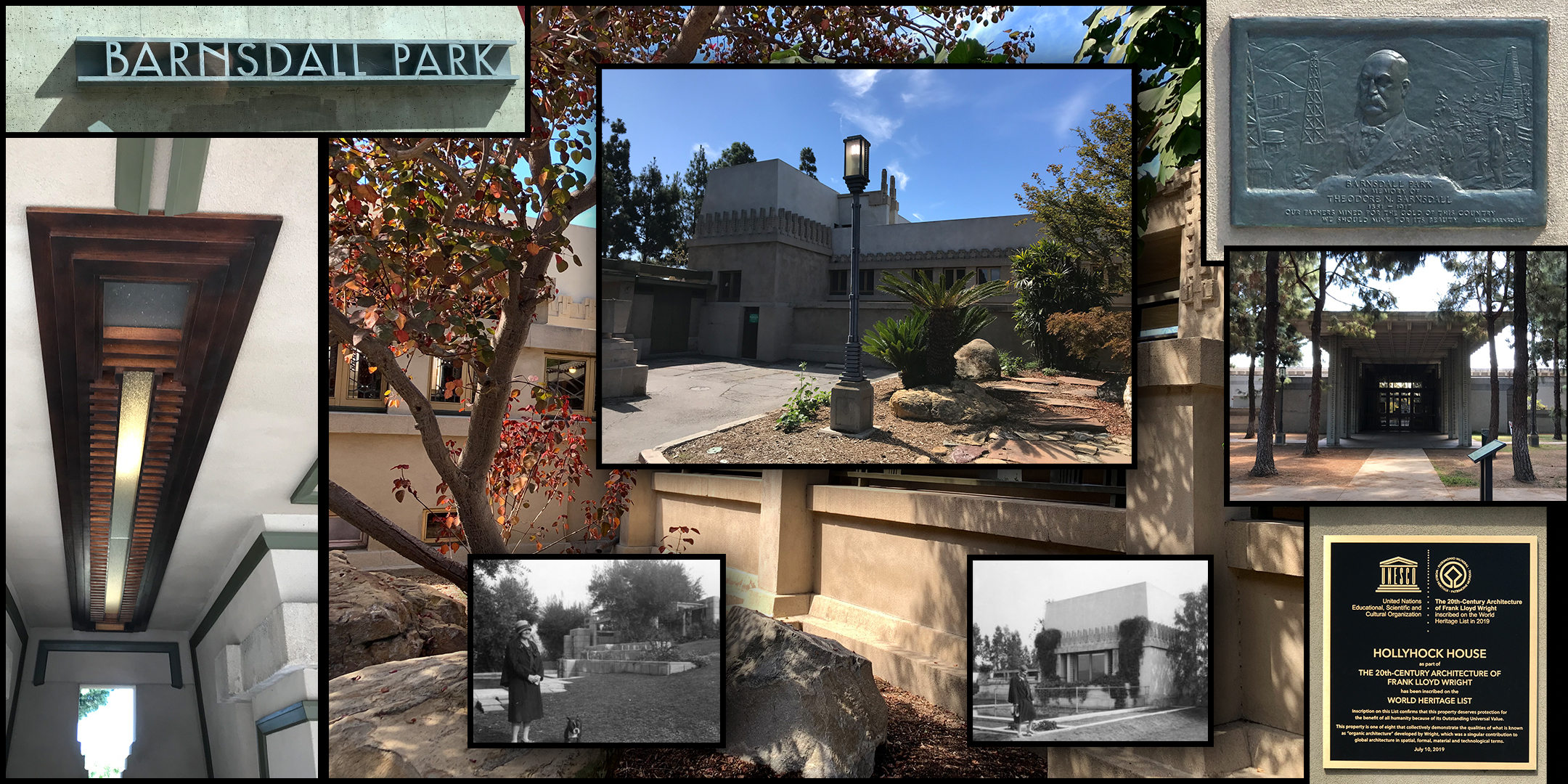 Aline Barnsdall standing in front of Schindler’s Terrace (left) and next to the pond (right) at the Hollyhock House