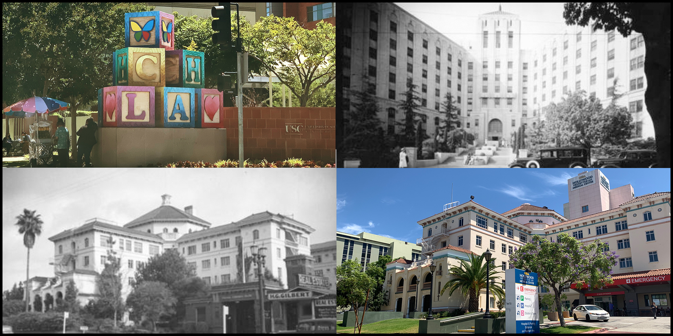 Cedars of Lebanon Hospital [1935] Security Pacific National Bank Collection; bottom left, Hollywood Presbyterian Hospital and Fire Engine Company