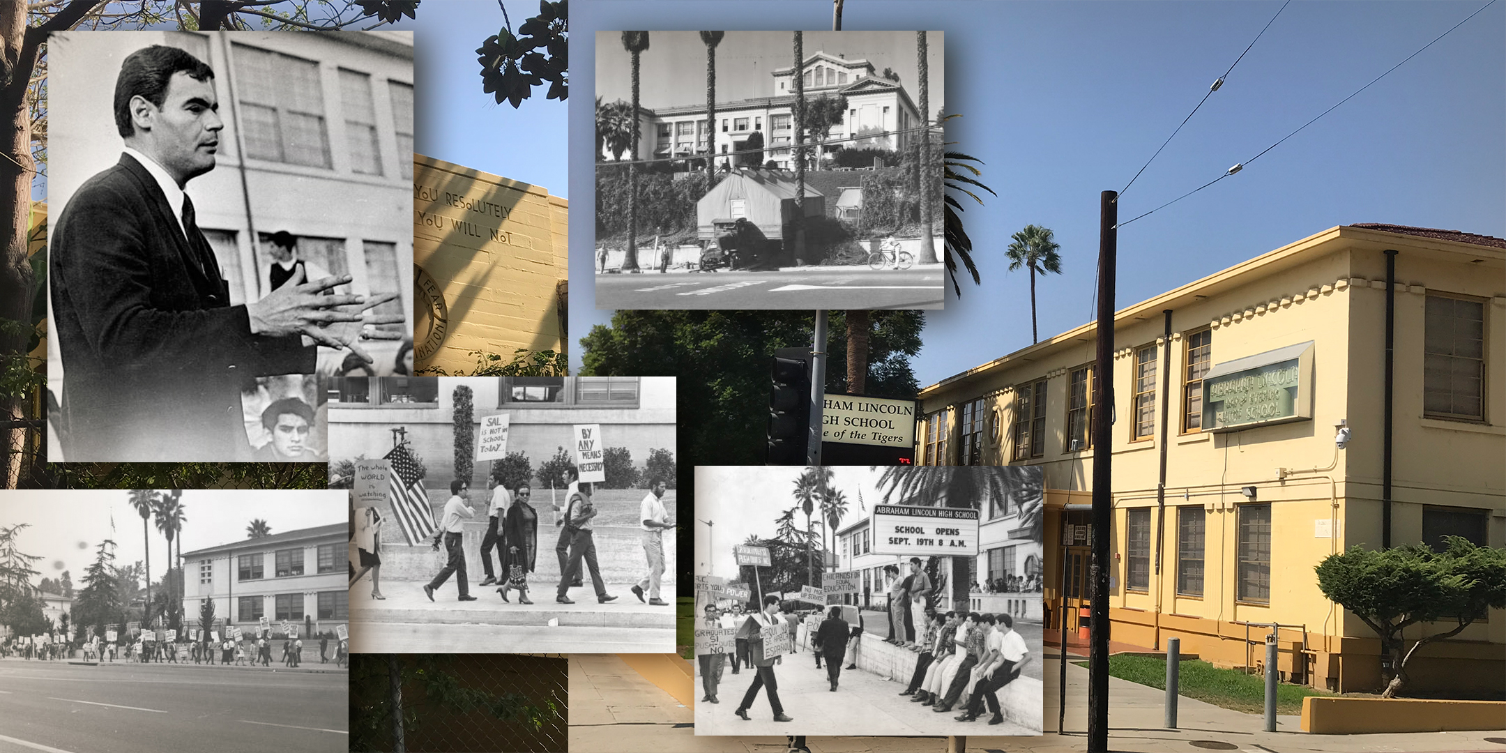 Historical photos, clockwise from top left: Sal Castro at Lincoln High