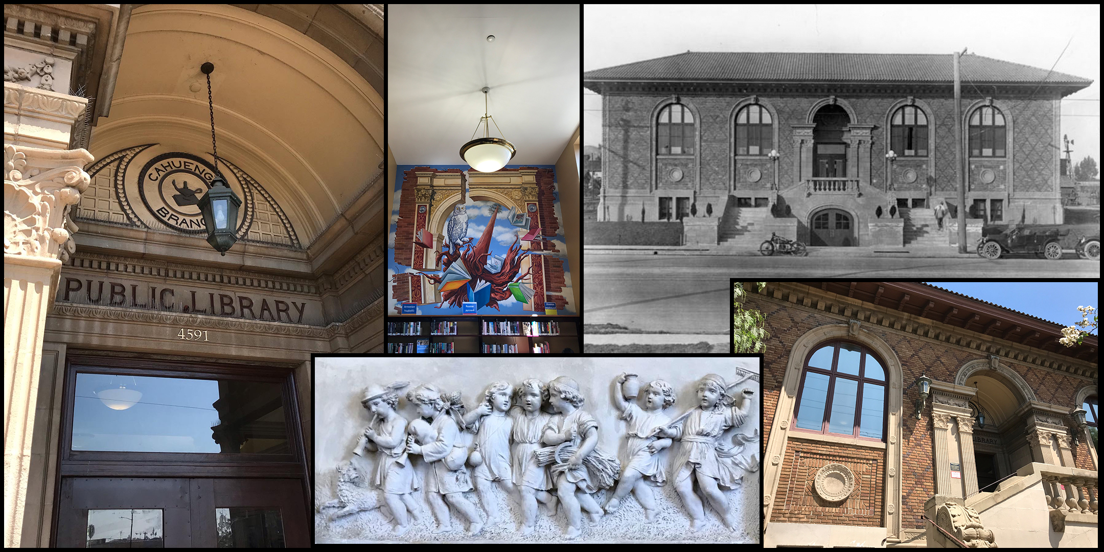 Historical photo, top right: Cahuenga Branch of the Los Angeles Public Library