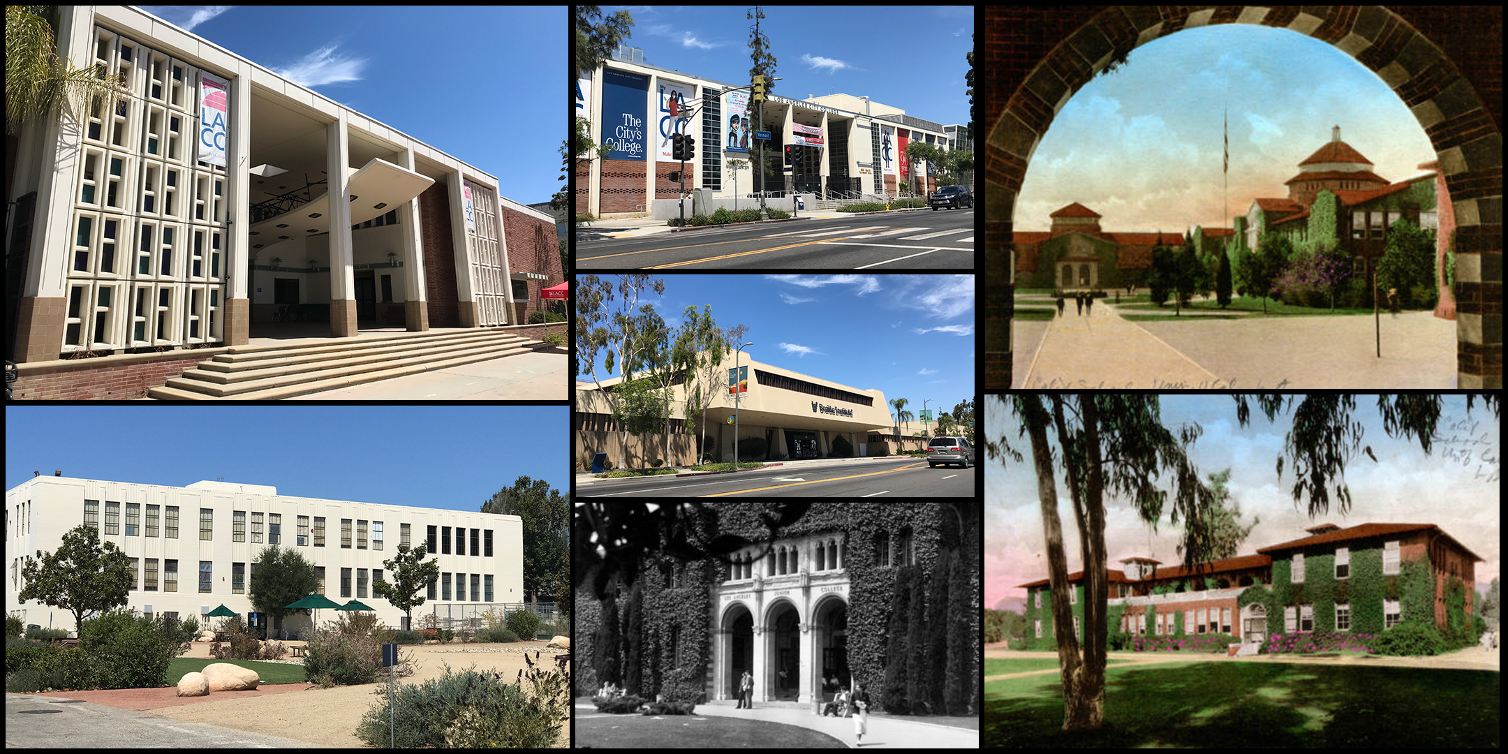 Historical photos: top and bottom right, UCLA Vermont Avenue campus [1922] Security National Bank Collection; bottom