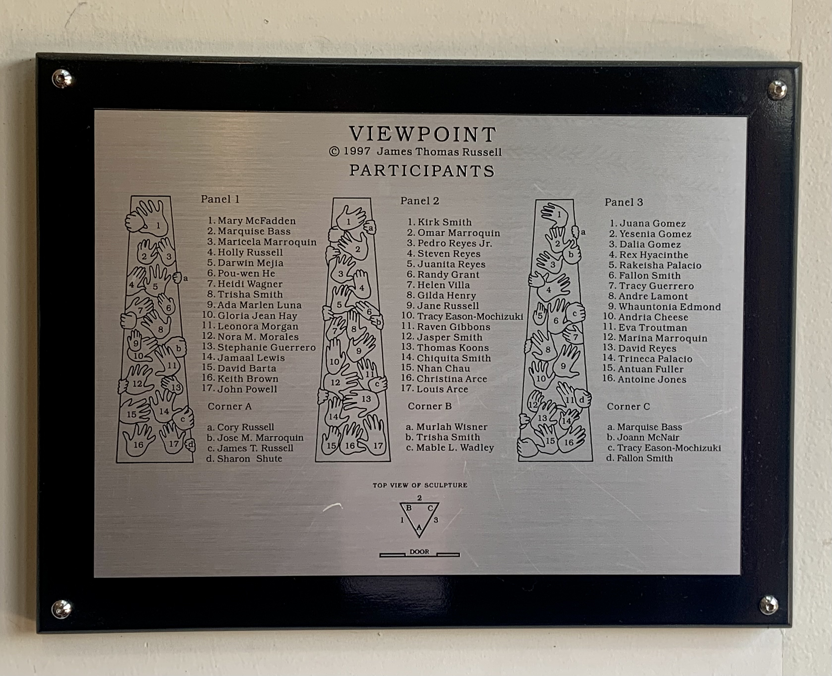 Plaque with names of those community members with handprints impressed upon James T. Russell sculpture