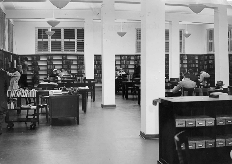 Interior photo of the Hollywood Branch Library at 1623 Ivar Avenue from library history scrapbook [n.d.]. Frances Howard Goldwyn Hollywood Regional Branch Library Special Collections