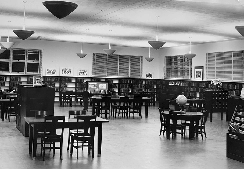 Interior photo of the Hollywood Branch Library at 1623 Ivar Avenue from library history scrapbook