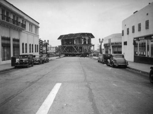 Moving part of the (1923) Hollywood Branch Library from its old location at 6357 Hollywood  to its new location