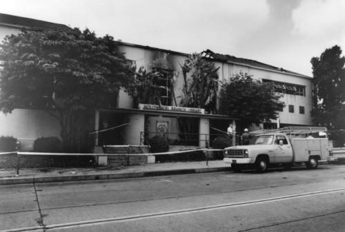 Exterior of the Hollywood Branch Library at 1623 Ivar following the April 13, 1982 arson fire