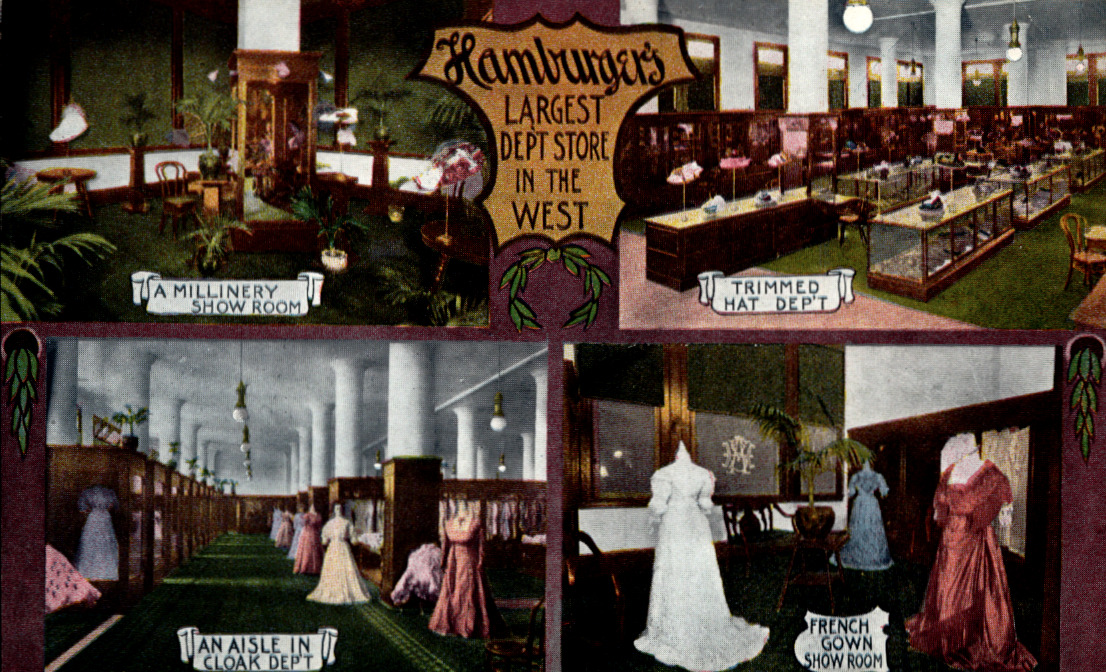 Postcard showing various departments in Hamburger's Department Store at 801 S. Broadway