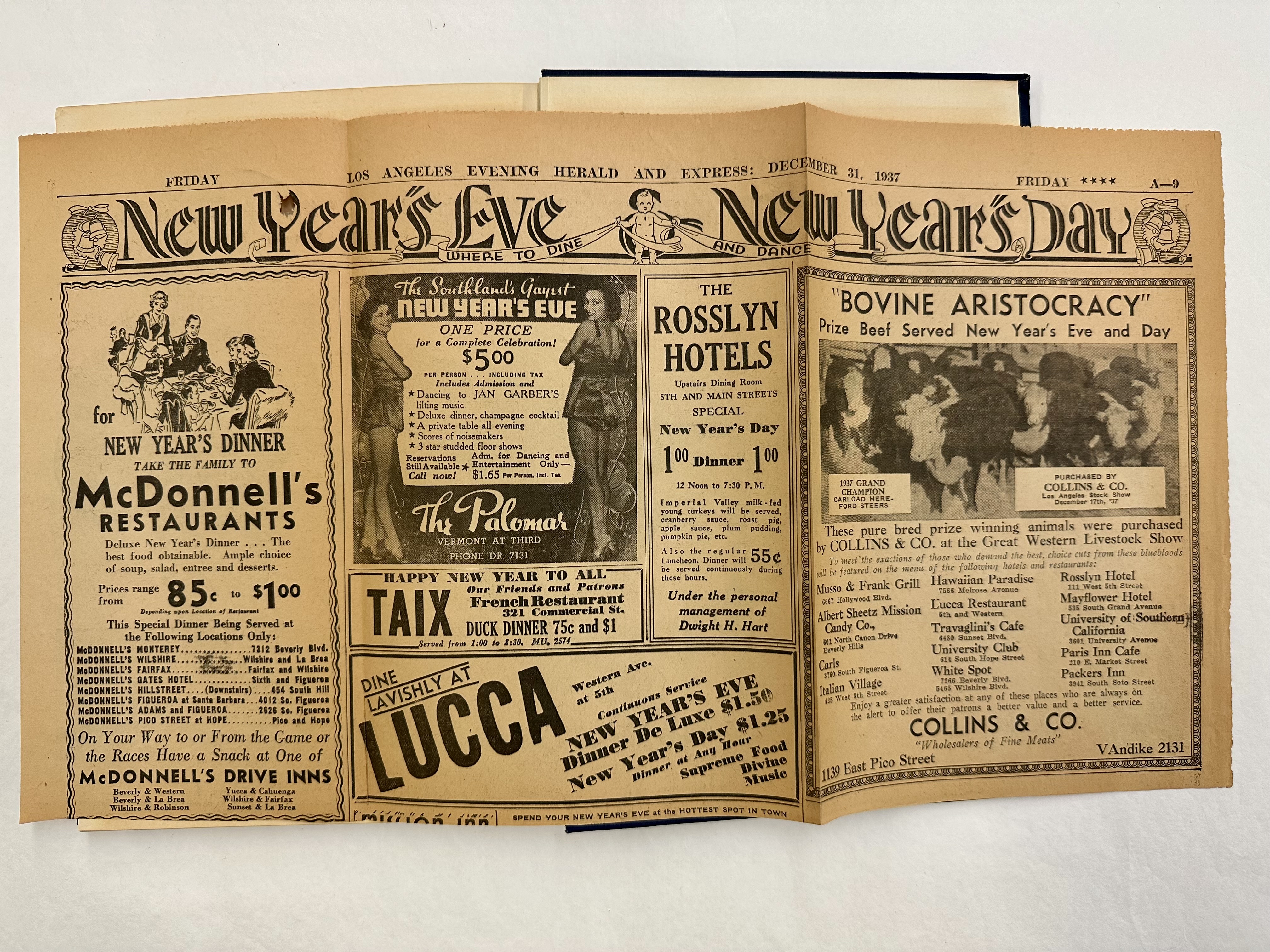 newspaper clippings related to UCLA football. One of the articles features the date, December 31st, 1937