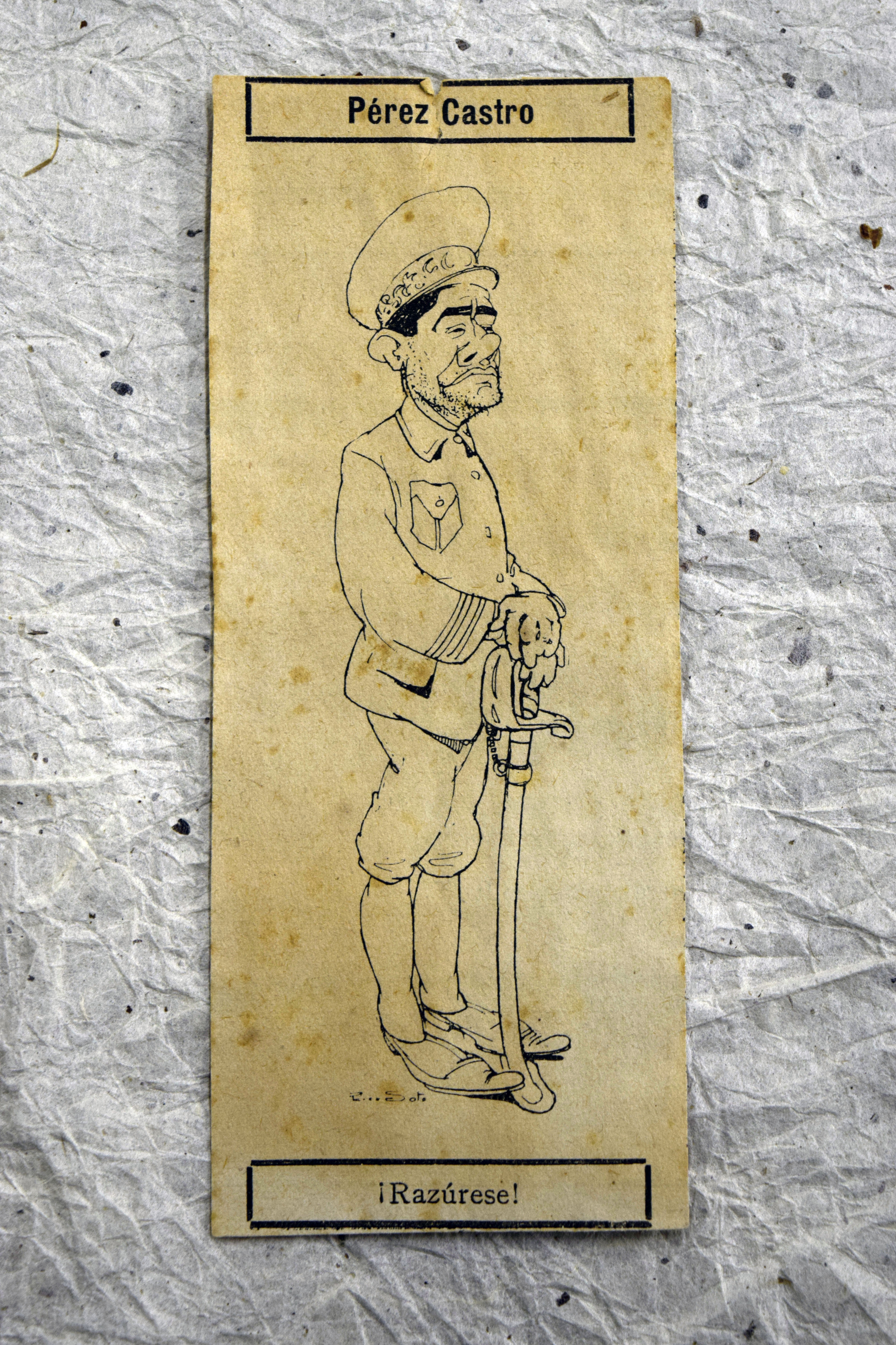 Newspaper clipping depicts a man dressed in military attire with his name, Perez Castro