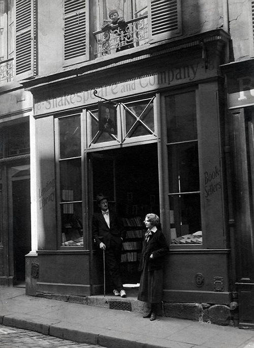 James Joyce and Sylvia Beach outside the door of Shakespeare and Company on the Rue de l'Odéon