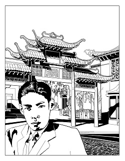 coloring page of YC Hong in front of a Chinatown Gate
