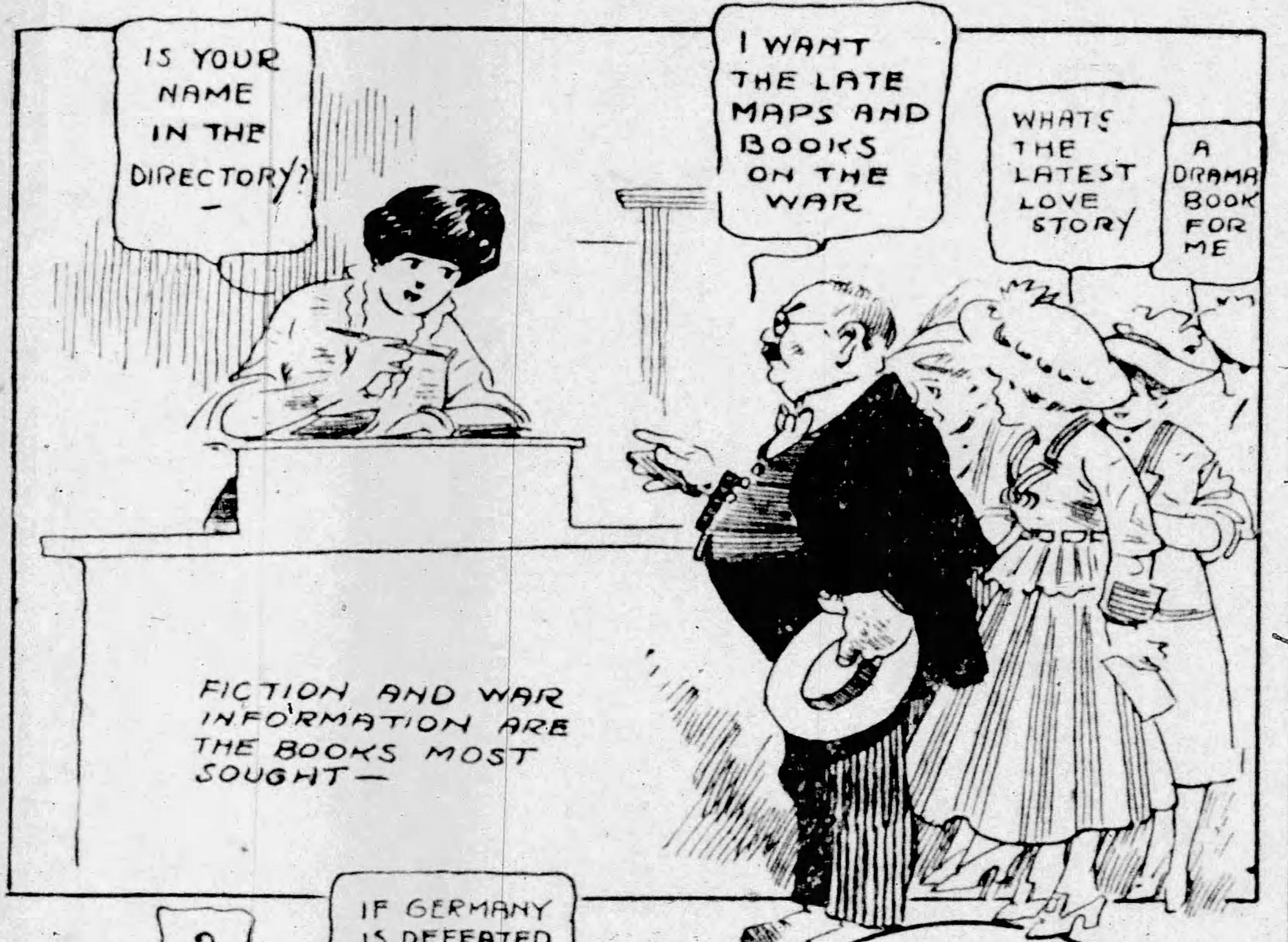 Illustration of an average day at the Los Angeles Public Library from the Los Angeles Record