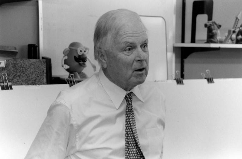 Mayor Riordan with a mr potato header near his shoulder