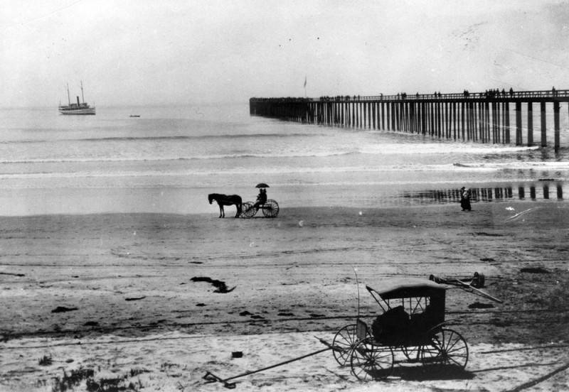 Horse and carriage on the beach, Long Beach, 1892