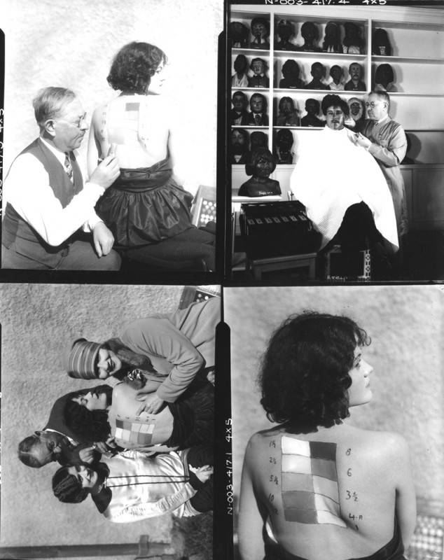 Max Factor tests color tones on a man’s face and a woman’s back