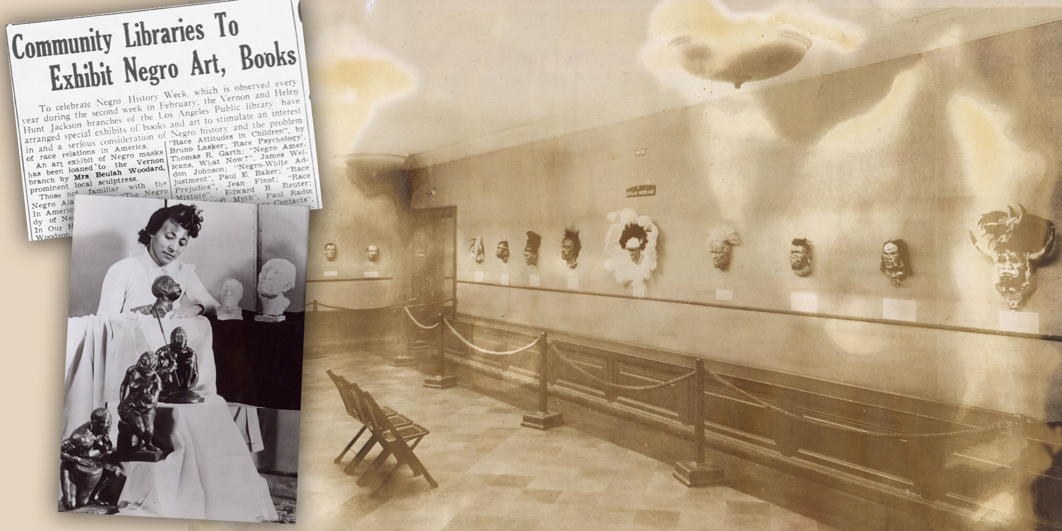 View of an exhibition of masks by Beulah Woodard