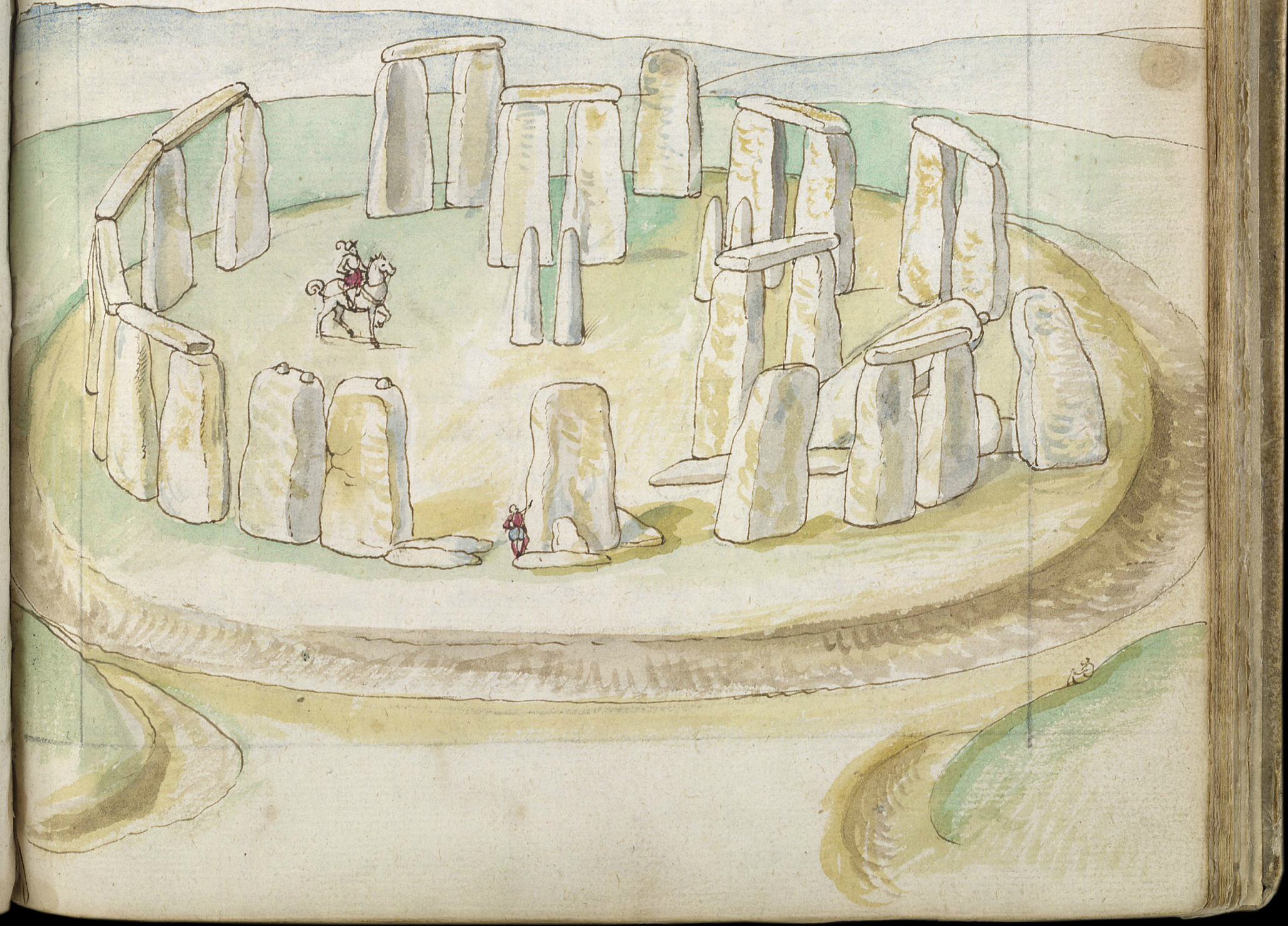 The earliest-known realistic painting of Stonehenge, drawn on site with watercolors by Lucas de Heere between 1573 and 1575