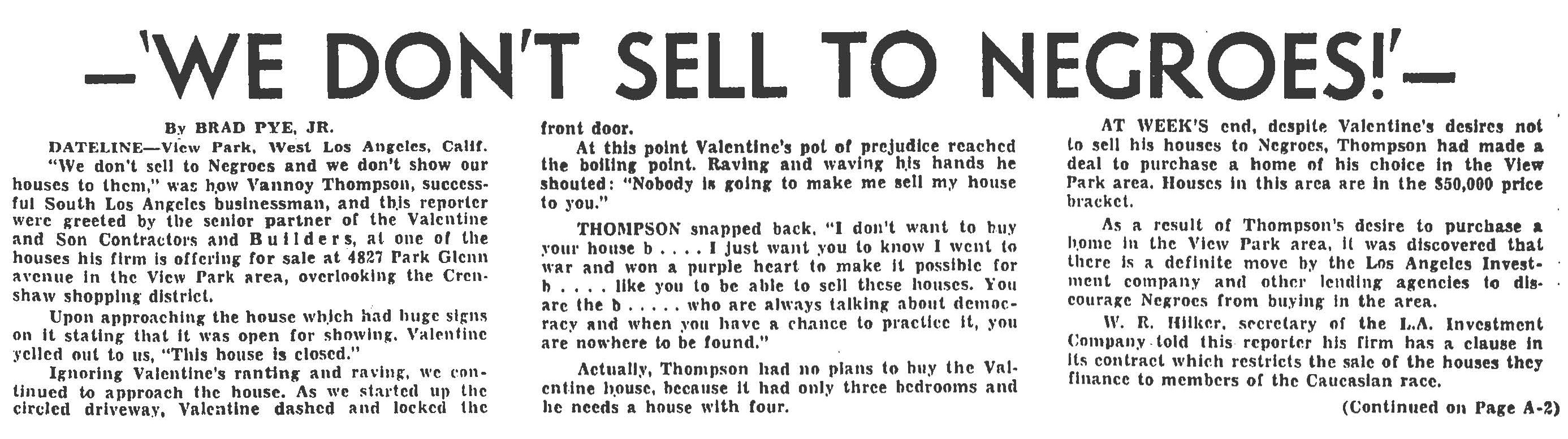 newspaper article. Los Angeles Sentinel, May 26, 1960