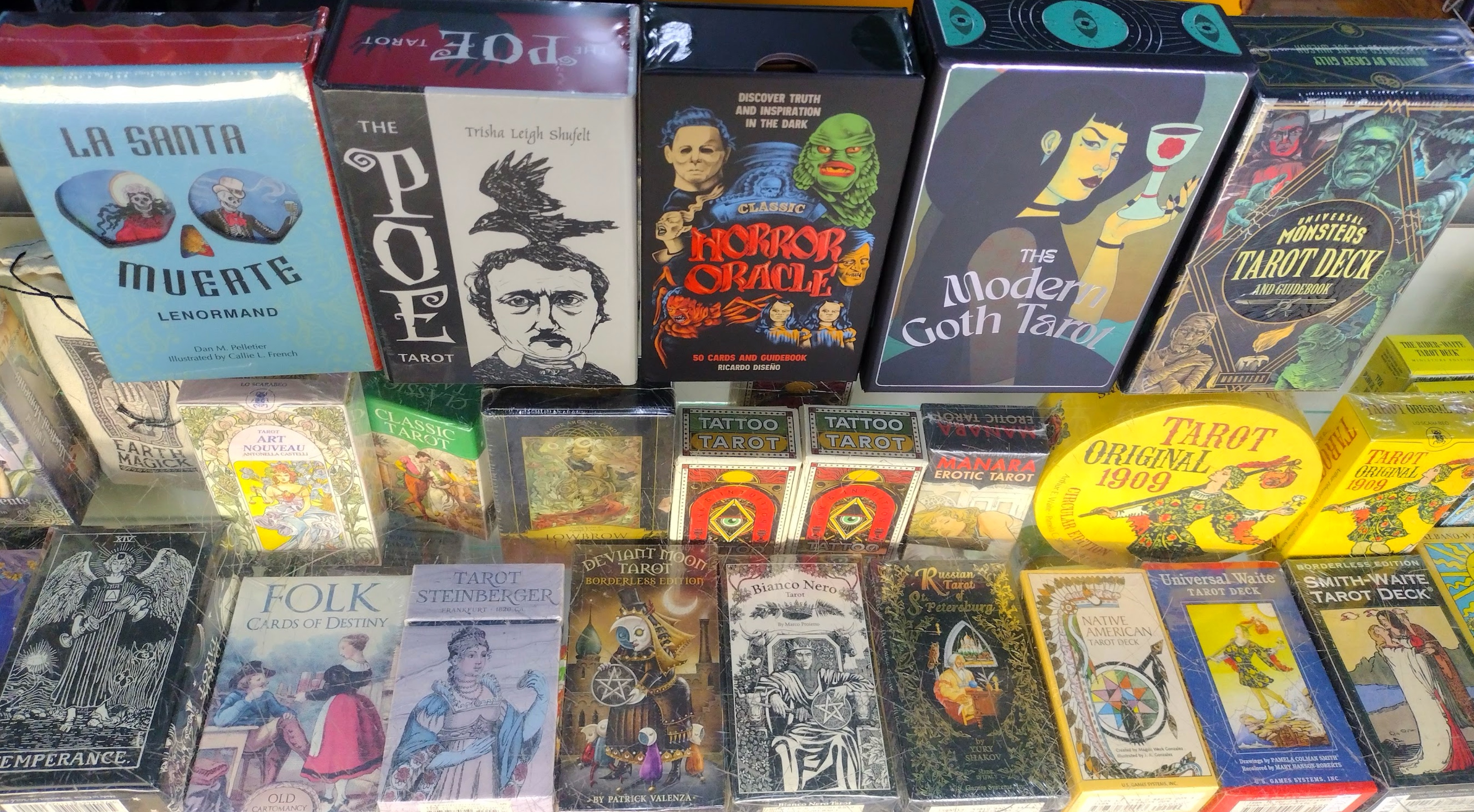 Tarot card decks on display at Soap Plant & Wacko retail store