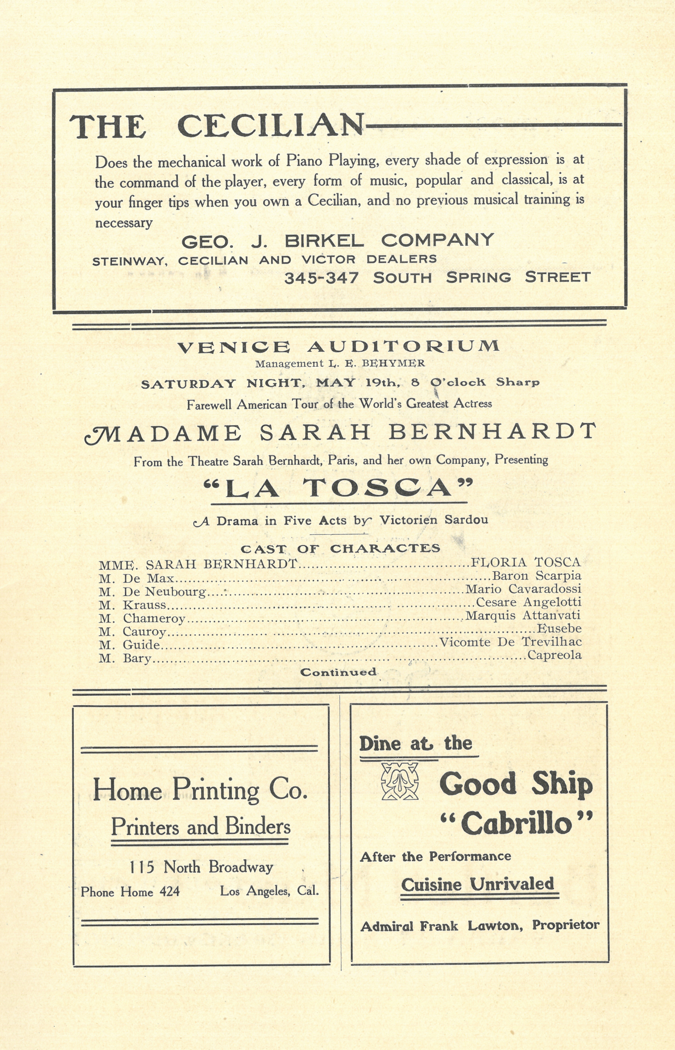 Pages from the original Venice Auditorium program for La Tosca