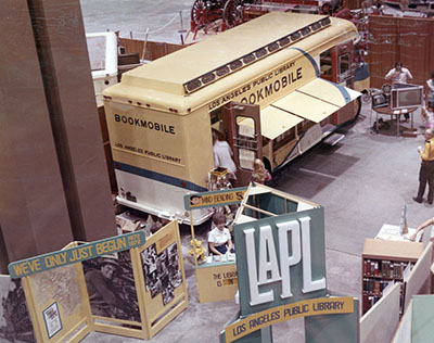 A bookmobile is part of the Los Angeles Public Library Centennial Celebration in 1972