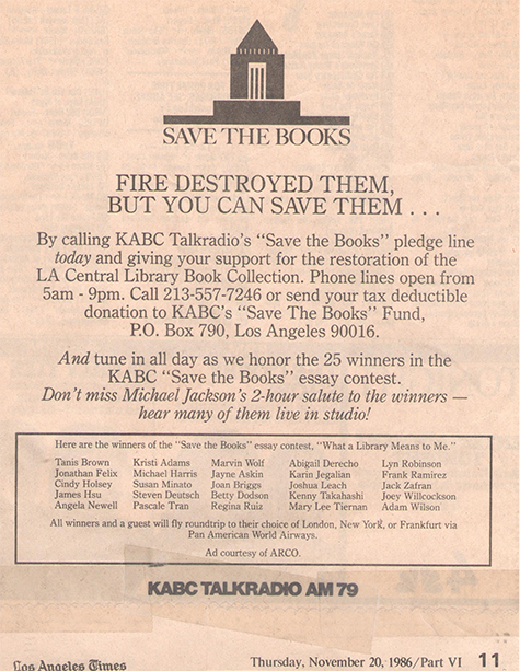 LA Times ad announcing the Save the Books contest winner