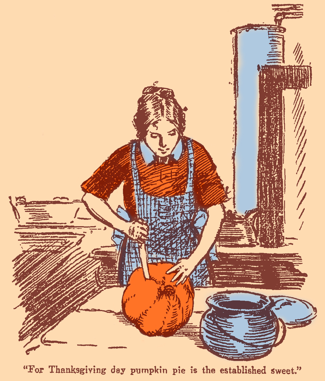 woman wearing an apron carving a pumpink