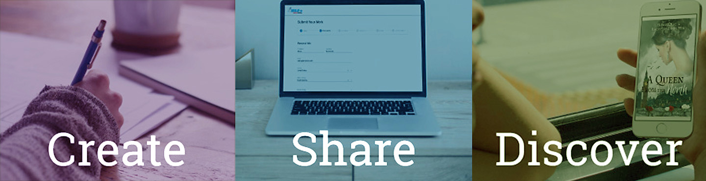 Photos of a person writing on a table, a computer on a table, and a person looking at a phone by a window with the words Create, Share, Discover overlaid