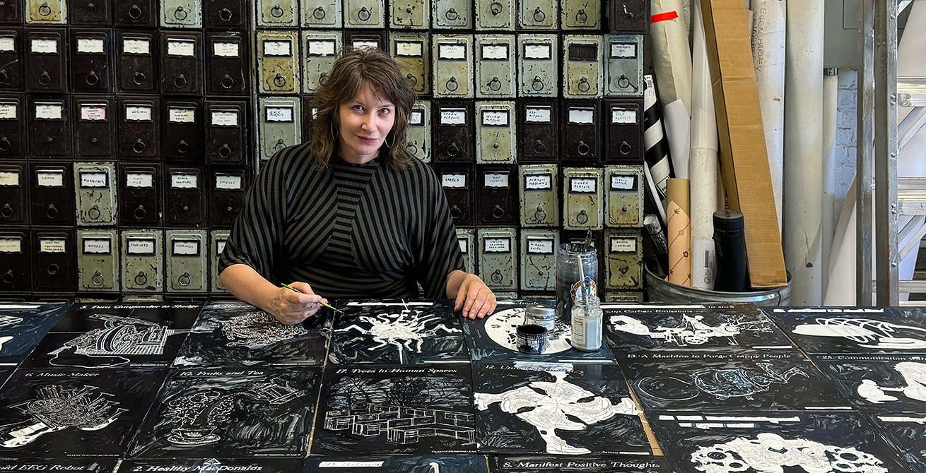 Artist Ellen Harvey in studio