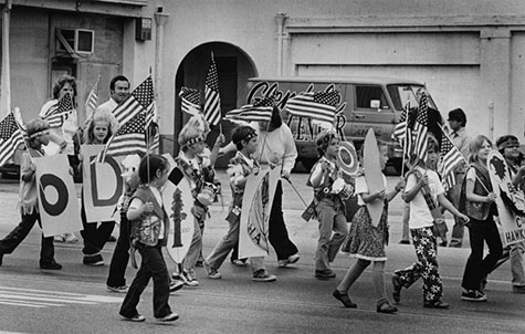 Local scouts with their flags march on Brand Boulevard in the Memorial Day Parade, in Glendale, May 28, 1979.