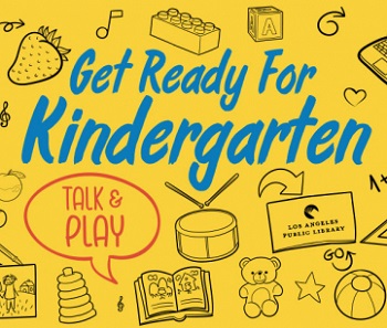Get Ready for Kindergarten banner in bright yellow with line drawings of school items
