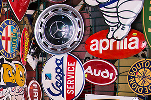 an array of brand stickers representing trademarks