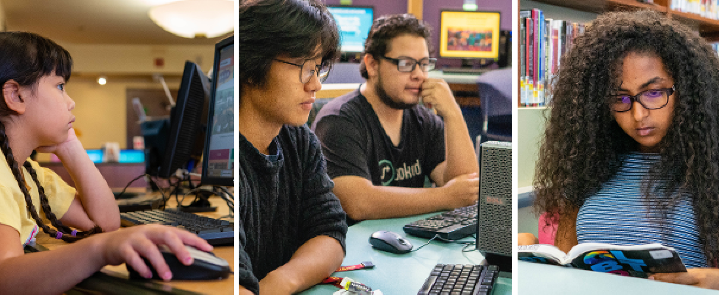 collage of photos of kids and teens doing homework and studying at the library